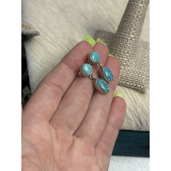 Native American Sterling White Water Turquoise Double Stone Post Dangle Earrings - Picture 4 of 6
